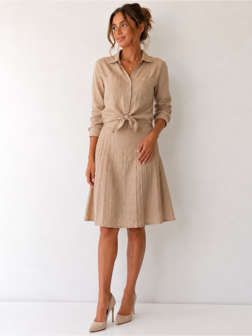 Think Tank Beige Pleated A-Line Midi Skirt Size 6 embroidery Sunburst style